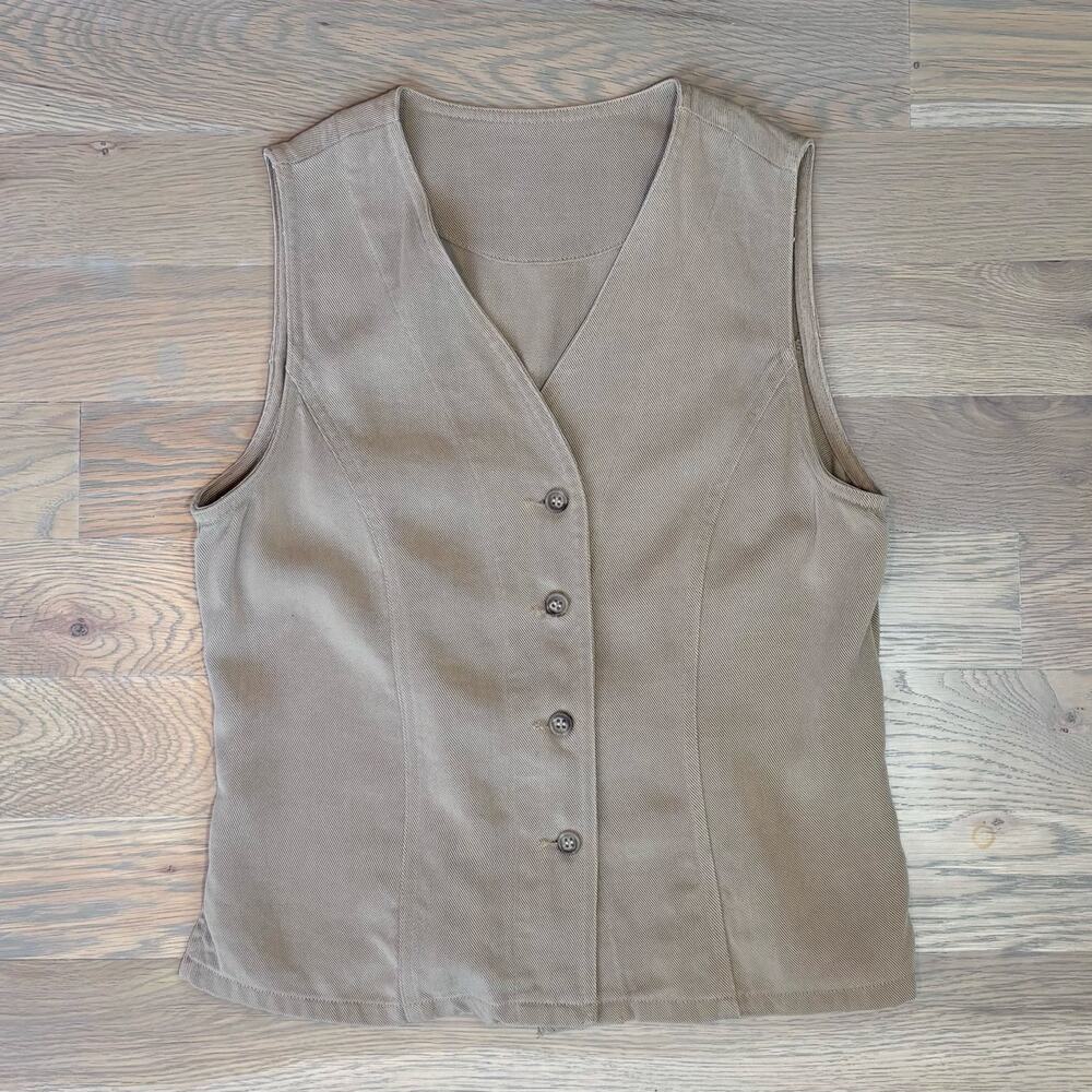 VTG 90s 100% Tencel Button Front Vest USA Made Camel Taupe Womens Size Small